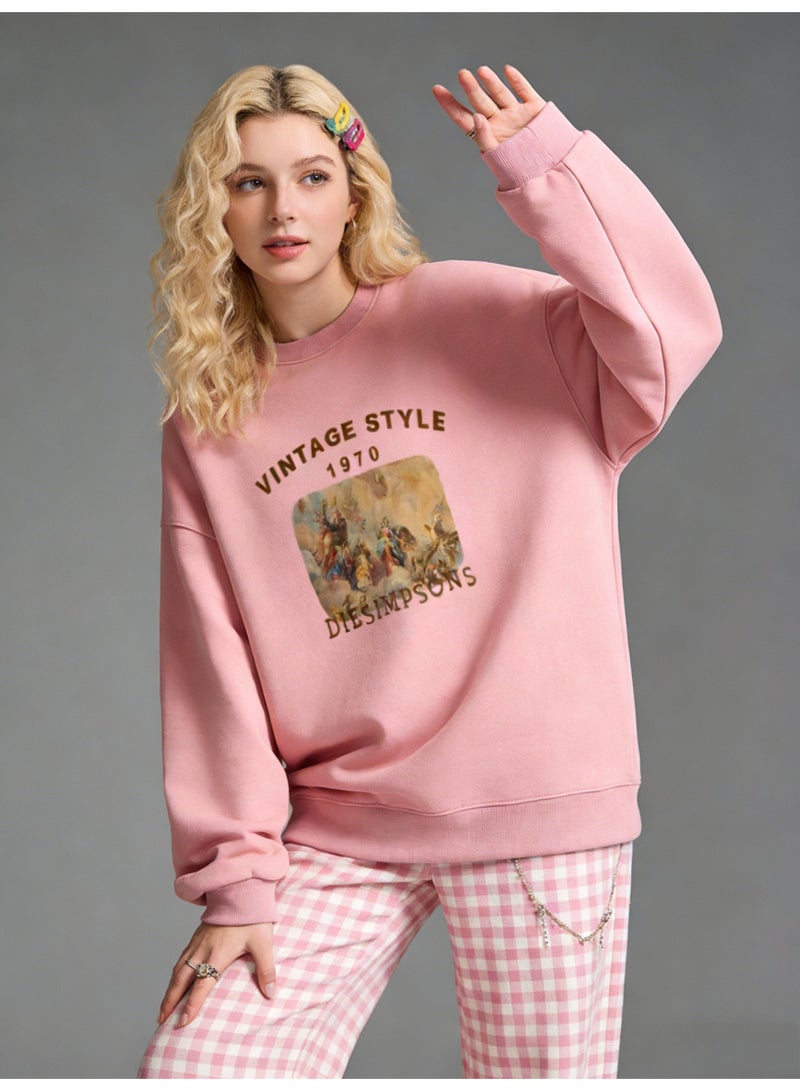 BM INS Dusty Pink "VINTAGE STYLE 1970" Art Painting Oversized Crew Neck Sweatshirt | Unisex Pullover With "DIE SIMPSONS" Print - Image 2